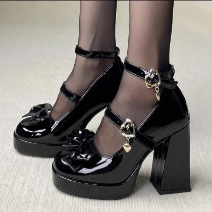 Black Chunky Platform Lolita Shoes Woman Bowtie..