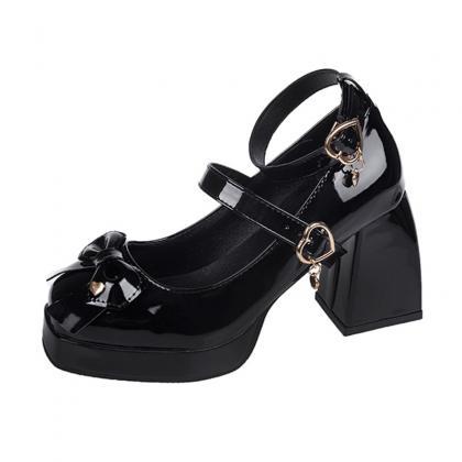 Black Chunky Platform Lolita Shoes Woman Bowtie..