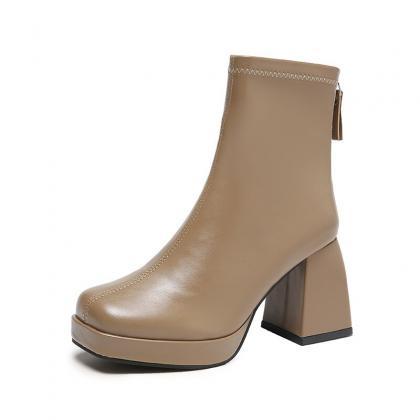 Leather Short Boots Women Square High Heel Women..