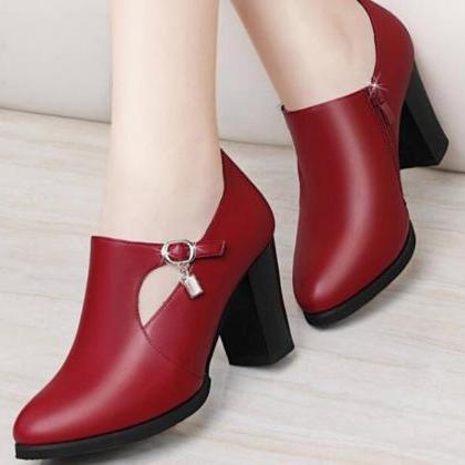 Pu Leather Pointed Toe Thick High Heel Solid Mom..