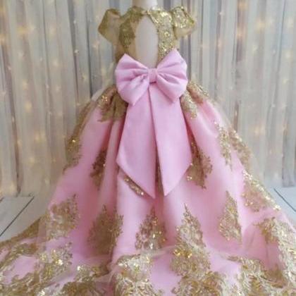 Pink And Gold Lace Applique Flower Girl Dress..