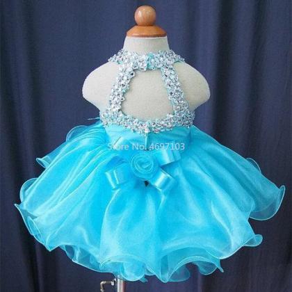 Crystals Halter Sky Blue Flower Girl Dress Wedding..