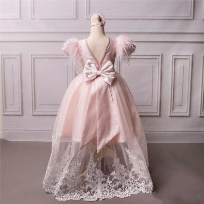 White Ivory Pink Flower Girl Dress Lace Feather..