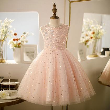 Pink O-neck Sleeveless Sequins Flower Girl Dress..