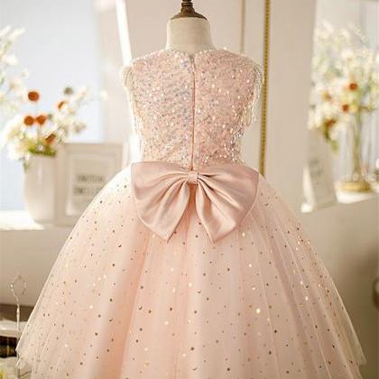Pink O-neck Sleeveless Sequins Flower Girl Dress..