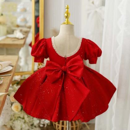 Red Flower Girl Dress Birthday Collar Puff Sleeves..