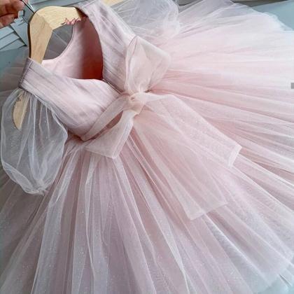 Princess Puffy Pink Flower Girl Dress with Appliqué and Sequins