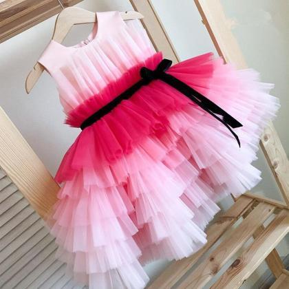 Pink Flower Girl Dress Tulle Layers Sashes Girl..
