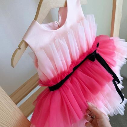 Pink Flower Girl Dress Tulle Layers Sashes Girl..