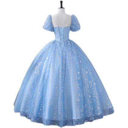 Blue Ball Gown Applique Prom Dress Evening Dress..