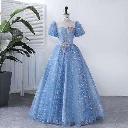 Blue Ball Gown Applique Prom Dress Evening Dress..