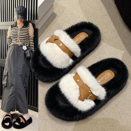 Fashion Flat Home Belt Buckle Plush Slippers For..