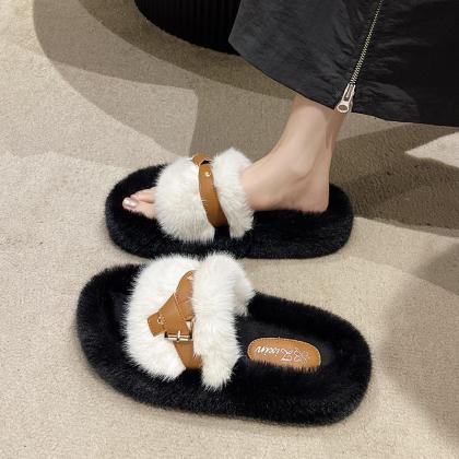 Fashion Flat Home Belt Buckle Plush Slippers For..