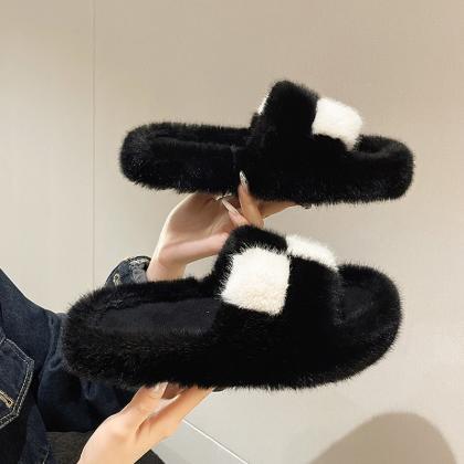 Color-blocked Furry Slippers For Women, Autumn And..