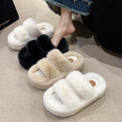 7cm Thick-soled Double-strip Furry Shoes For Women..