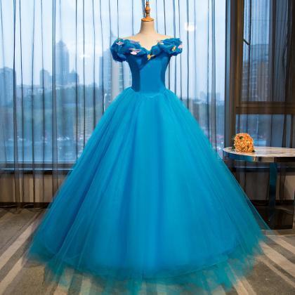 Blue Ball Gown Prom Dress Applique Evening Dress..