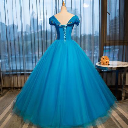 Blue Ball Gown Prom Dress Applique Evening Dress..