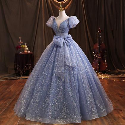 Cap Sleeve Blue Floor Length Prom Dress Handmade..