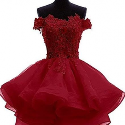 Organza Short Party Prom Dress With Lace Applique,..