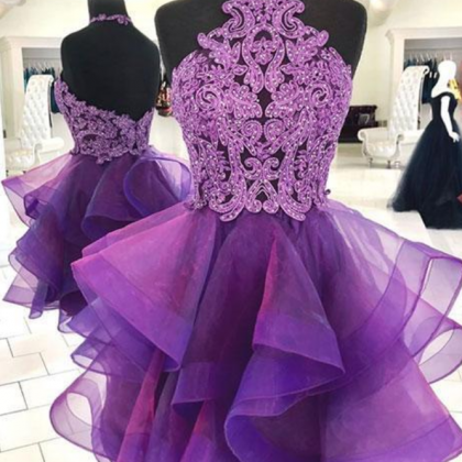 Cute Purple Tulle Lace Short Prom Dress, Purple..