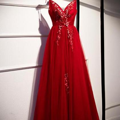 Red Elegant A-line Tulle V-neckline Formal Prom..