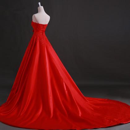 Red A-line Satin Applique Lace Formal Prom Dress,..