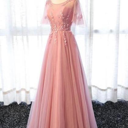 Pink A-line Short Sleeves Tulle Formal Prom Dress,..
