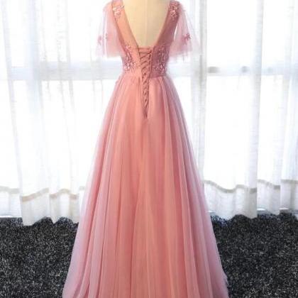 Pink A-line Short Sleeves Tulle Formal Prom Dress,..