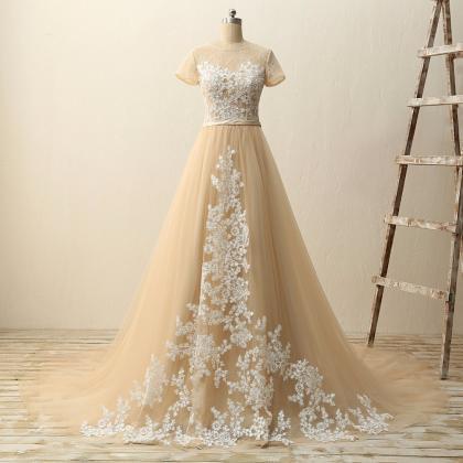 A-line Short Sleeves Tulle Appliques Formal Prom..