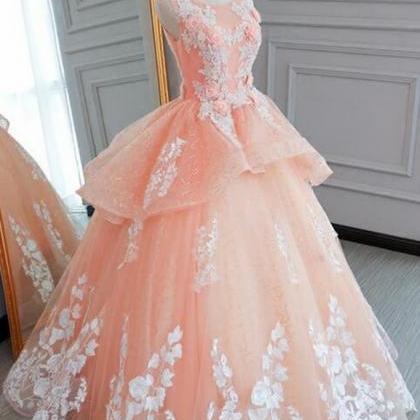 Lace Scoop Neck Applique Tulle Formal Prom Dress,..