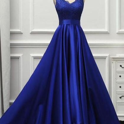 Blue A-line Satin And Lace V-neckline Formal Prom..