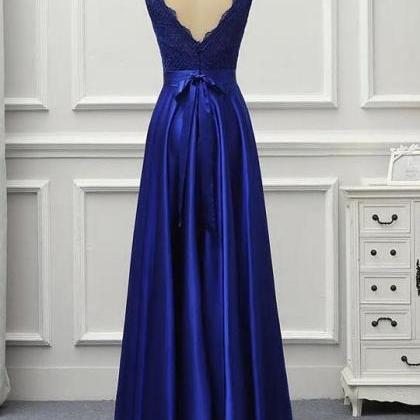 Blue A-line Satin And Lace V-neckline Formal Prom..
