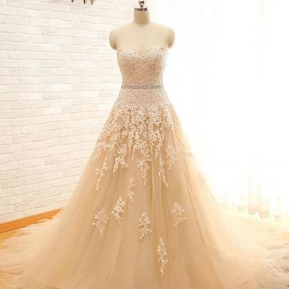 Champagne A-line Sweetheart Lace Tulle Formal Prom..