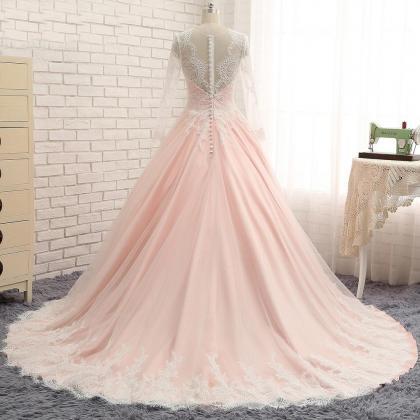 White And Ppink Long Sleeves Applique Tulle Formal..