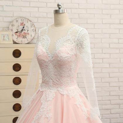White And Ppink Long Sleeves Applique Tulle Formal..