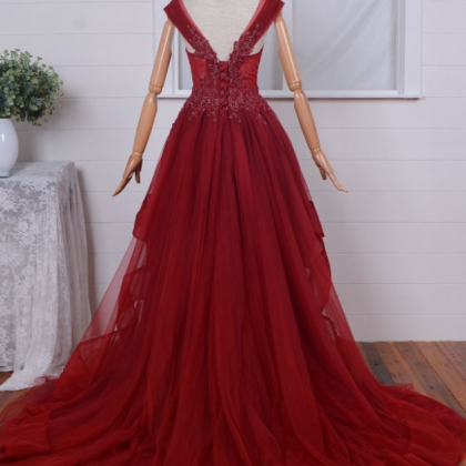 Red Elegant Tulle Lace Applique Formal Prom Dress,..
