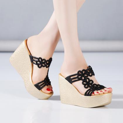11cm Platform Wedge-heeled Slippers For Women,..