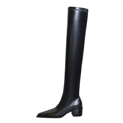 Simple Thick Heel High Heel Pointed Toe Stovepipe..