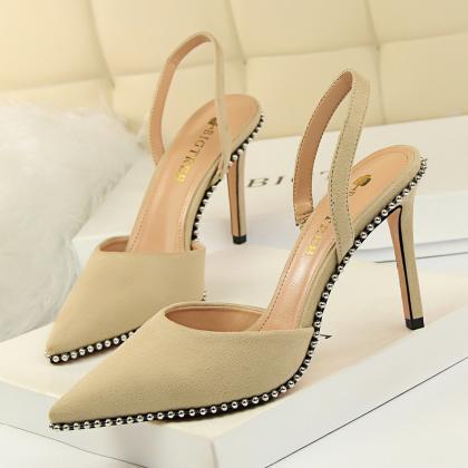 High-heeled Suede Shallow Cutout Hollow Back Strap..