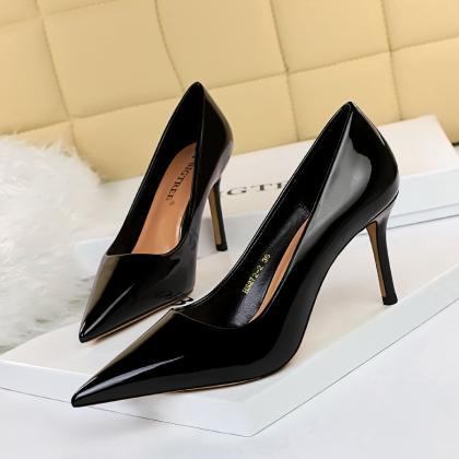 High-heeled Shiny Patent Leather Shallow Mouth..