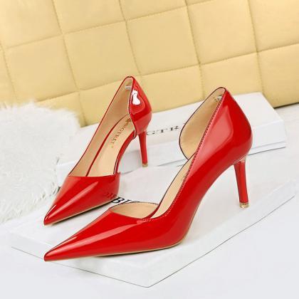 Thin-heeled Shiny Patent Leather Shallow Mouth..