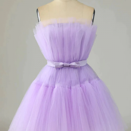 Short Purple Strapless Tulle Prom Dresses..