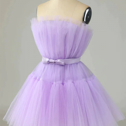 Short Purple Strapless Tulle Prom Dresses..