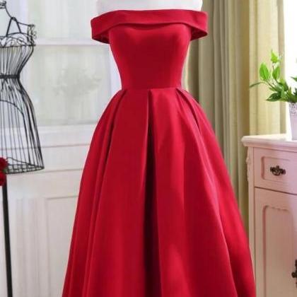 Red Satin Tea Length Off Shoulder Party Dress, Red..