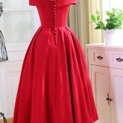 Red Satin Tea Length Off Shoulder Party Dress, Red..