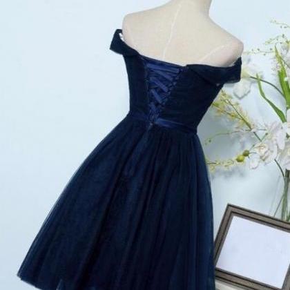 Navy Blue Off Shoulder Tulle Prom Dress With Belt..