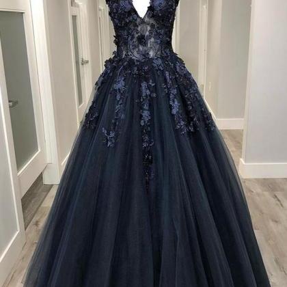 Navy Blue V-neck Tulle Long Prom Dresses With..