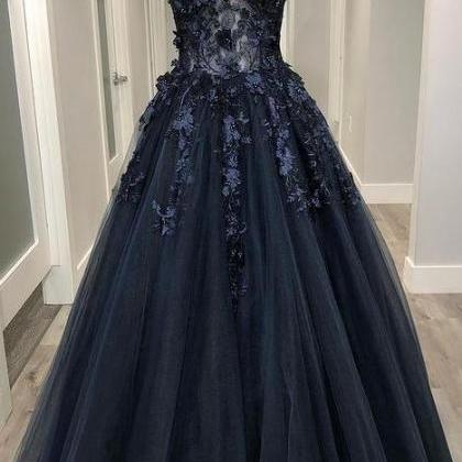 Navy Blue V-neck Tulle Long Prom Dresses With..