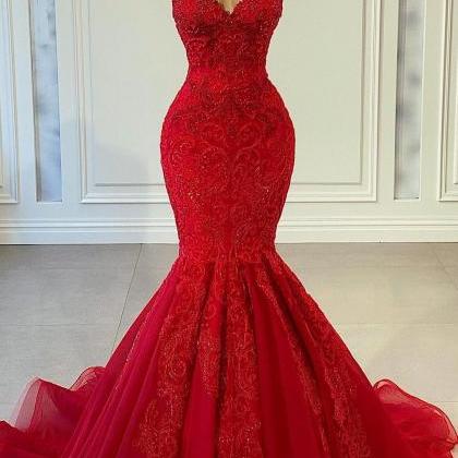 Strapless Red Sleeveless Mermaid Prom Dress With..
