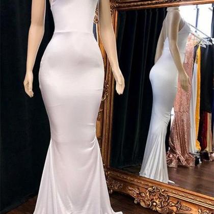 White Elegant Spaghetti-straps Mermaid Prom Dress..